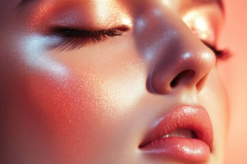 Naklejka premium Close-up of a radiant face with glowing skin, soft features, and elegant makeup showcasing beauty and sophistication.