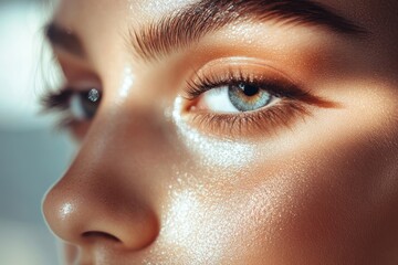 Fototapeta premium Close-up of an eye with striking details, emphasizing beautiful eyelashes and radiant skin tone illuminated by natural light.