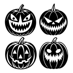 Set of Happy Halloween holiday scary pumpkin silhouettes, funny silhouettes of pumpkins, pumpkin simple flat color icons vector set.