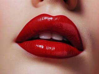 Close-up of luscious red lips showcasing vibrant color and glossy finish, perfect for beauty and makeup themes.