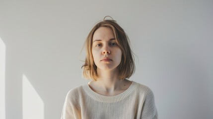 Obraz premium Young woman with blonde hair in minimalist studio setting, wearing beige sweater. Neutral expression, looking directly at camera. Soft lighting plain white background simplicity, natural beauty.