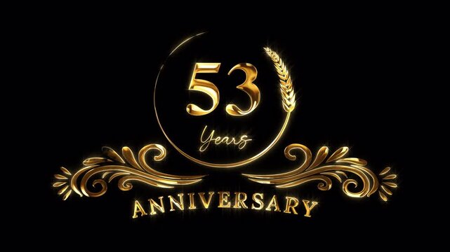 53rd Anniversary Celebration. Happy 53 Years Anniversary Animation in Gold Color on the Transparent Background, Alpha Channel. Great for greetings, celebrations, events, and gifts.