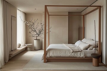  A serene bedroom with a four-poster bed neutral tones and minimalist decor 