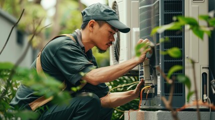 Repairman in uniform working on an air conditioning system in a residential setting