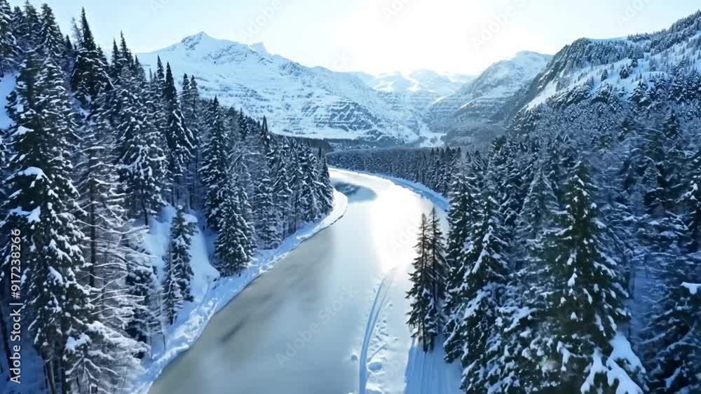 Poster a snowy mountain range with a river running through it. the trees are bare and covered in snow