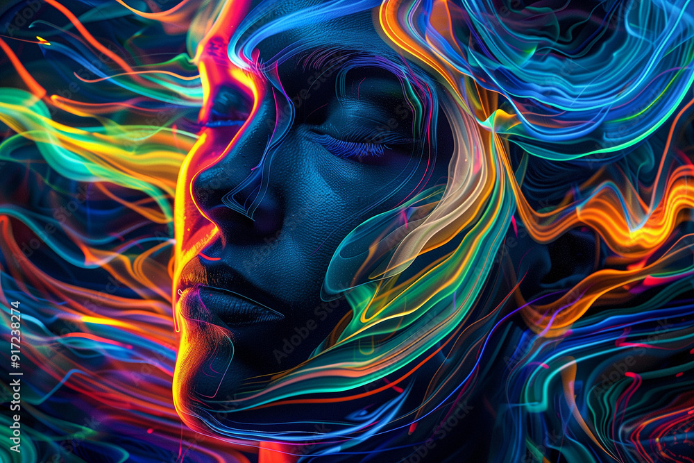 Wall mural vibrant neon lines creating an abstract face with surreal glow on a dark background, futuristic digi