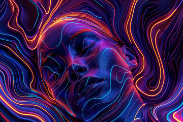 Obraz premium Glowing neon lines intertwining over a peaceful female face in abstract digital artwork, futuristic and surreal imagery.