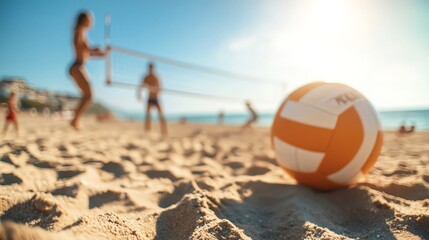 Beach volleyball game in progress with blurred focus on the ball.