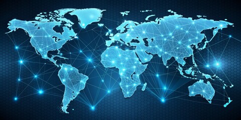 Global Network, Connected World Map, Blue Background, Technology, Data, Internet, Communication