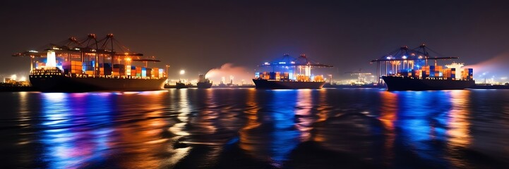 Container ship loading and unloading at night in the port.  import export commerce business trade logistic and transportation of International by container cargo