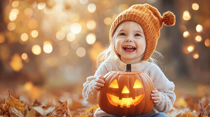 A little girl is holding a pumpkin with a lit candle inside. She is wearing a hat and smiling. Concept of joy and excitement, as the child is participating in a Halloween tradition.