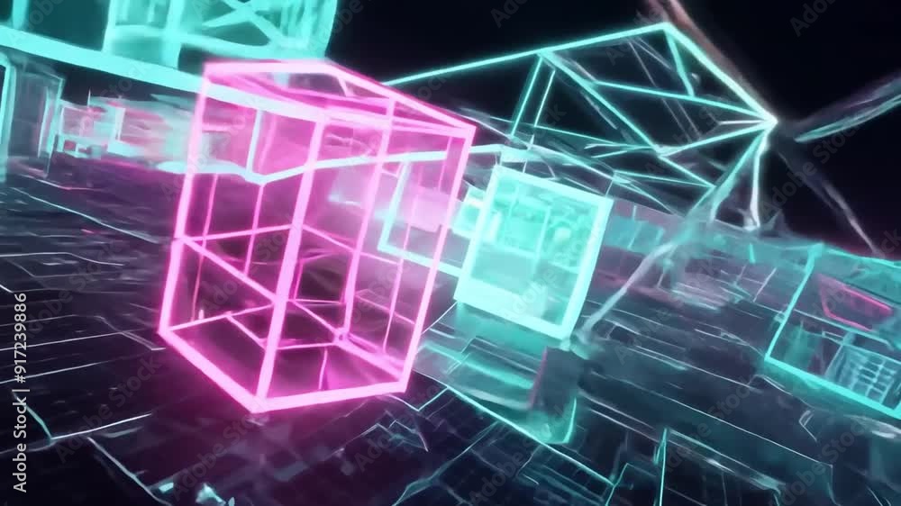 Poster a neon cityscape with blocks of different colors. the blocks are arranged in a way that creates a se
