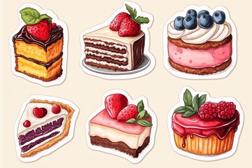 Sweet dessert stickers with cakes, cookies, and pies on a plain background