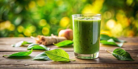 Green Smoothie on Wooden Table with Leaves, healthy , green , smoothie , drink