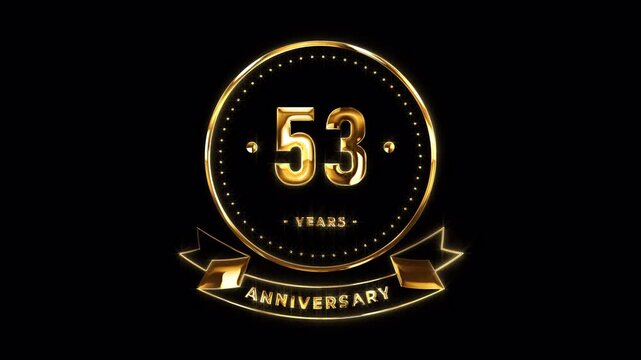 53rd Anniversary Celebration. Happy 53 Years Anniversary Animation in Gold Color on the Transparent Background, Alpha Channel. Great for greetings, celebrations, events, and gifts.