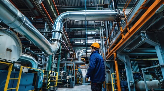 Technician servicing industrial HVAC system in warehouse