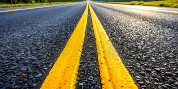Low Angle View of Double Yellow Lines on a Blacktop Road, road , lines , asphalt , journey