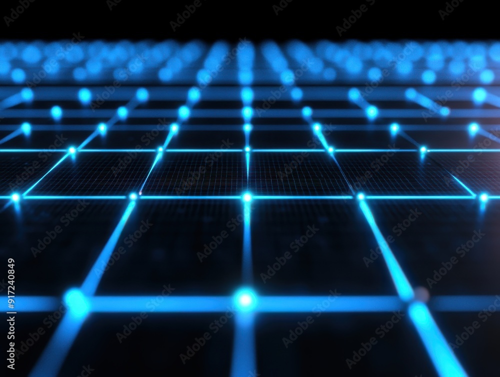 Poster a captivating blue grid landscape, showcasing an illuminated network of interconnected points in a f