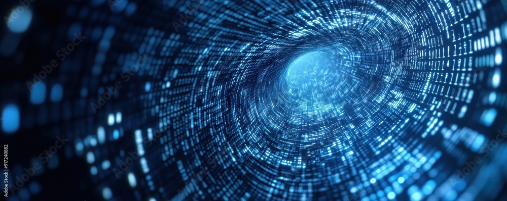 Poster a captivating digital vortex showcasing flowing data streams and bright blue light, representing tec