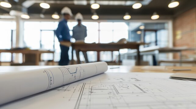 HVAC diagram and blueprints in background of office