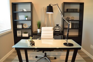  A stylish office with a glass desk ergonomic chair and wall-mounted shelves filled with books and decorative items 