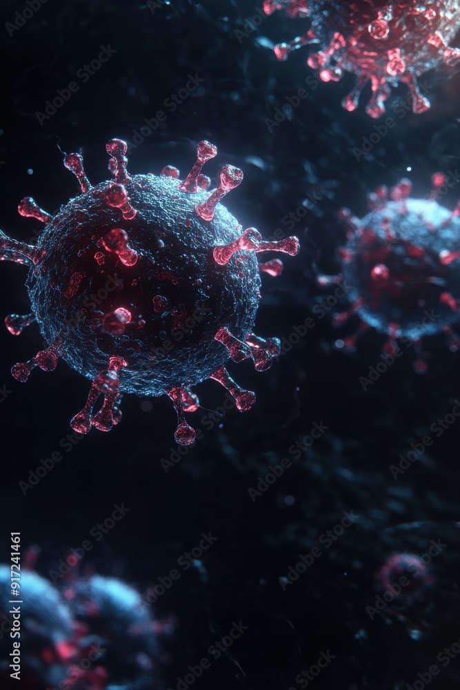Poster a close-up view of a virus cell with intricate details, showcasing its structure and features in a d