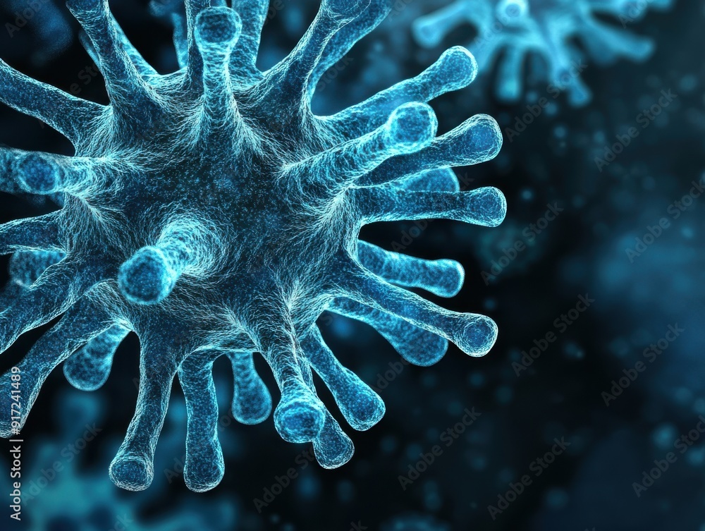 Poster a close-up view of a virus particle, showcasing its intricate structure and vibrant blue colors agai