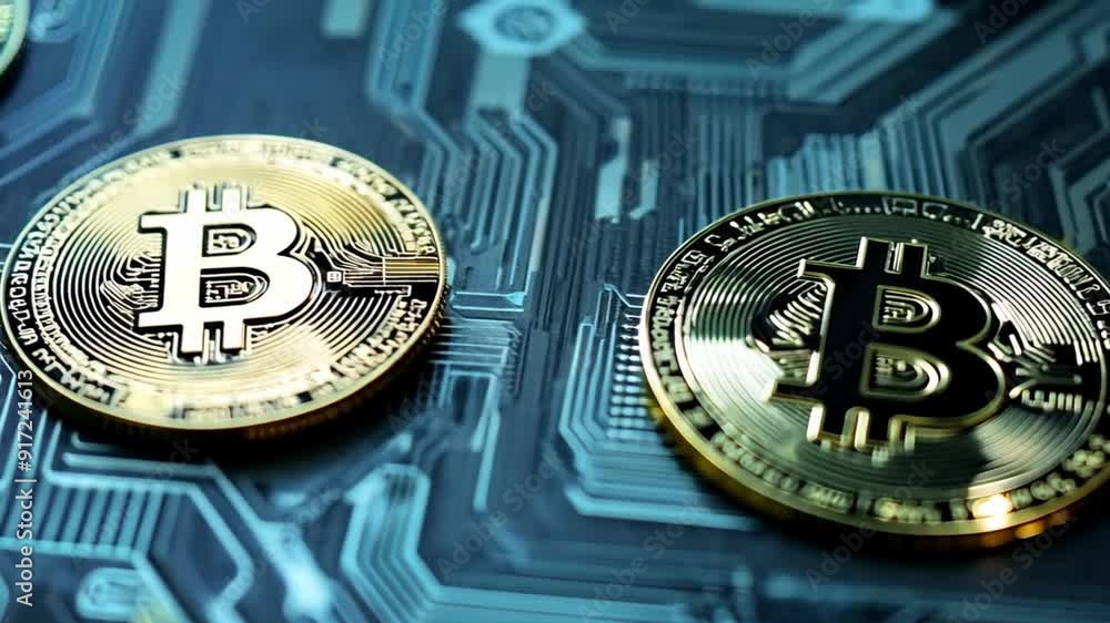 Aufkleber three golden coins with the letter 'b' on a circuit board. perfect for symbolizing bitcoin and the i