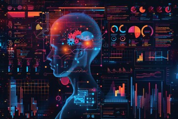 Obraz premium A detailed visualization of a human brain with integrated data analytics, highlighting the intersection of artificial intelligence and data science.
