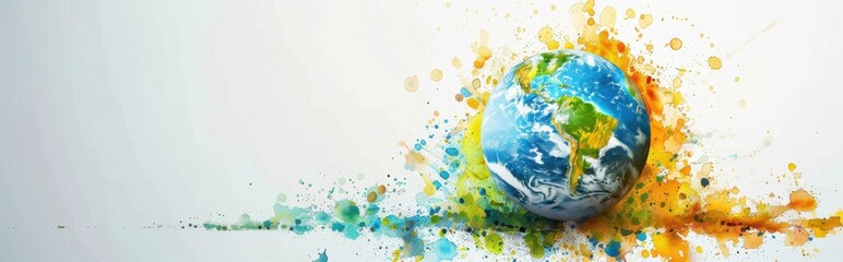 Fototapeta premium An artistic depiction of Earth surrounded by splashes of vibrant paint, symbolizing creativity, environmental awareness, and global unity.