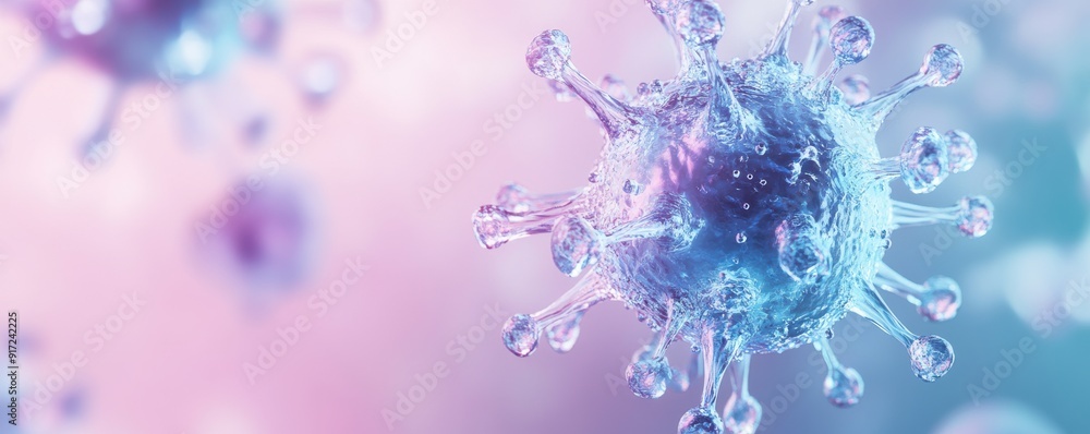 Poster a detailed microscopic view of a virus, showcasing its intricate structure and vibrant colors agains