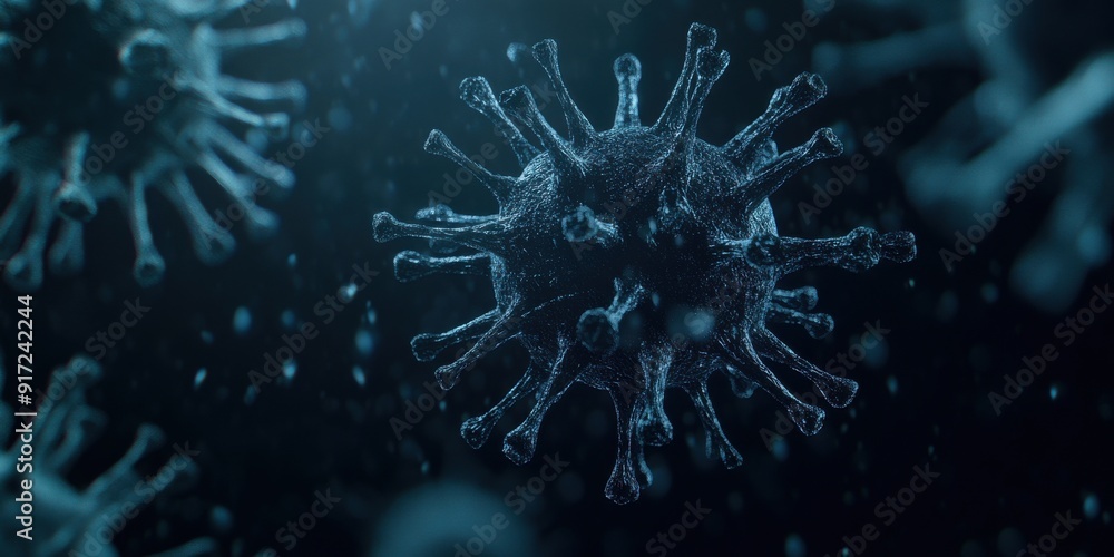 Poster a detailed microscopic view of a virus, illustrating its structure and spikes in a dark, glowing env
