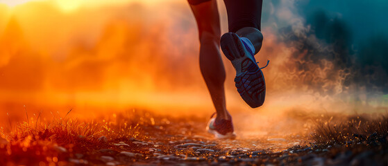 Jogging or cardio. Outdoor fitness. Close up of running fit sportsman, male, in motion. Runner on scenic road with sunset. Hiking. Sport lifestyle concept. Generative ai