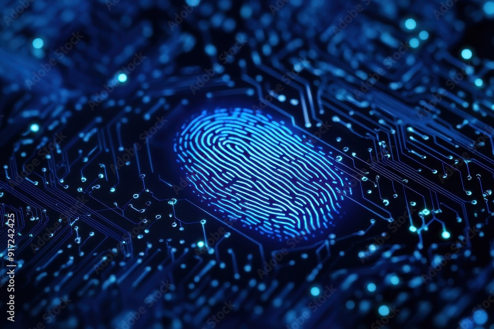 Poster a digital fingerprint glowing on a circuit board, symbolizing cybersecurity and advanced technology 