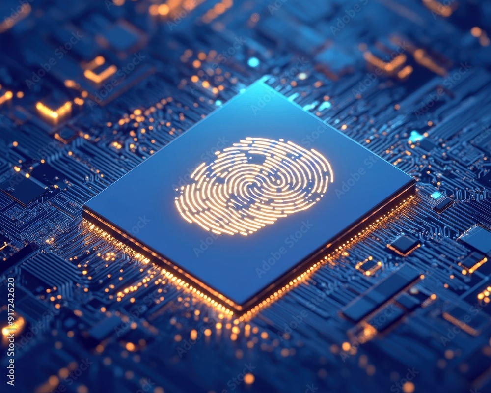 Poster a digital fingerprint overlay on a microchip, symbolizing security and biometric technology in a fut