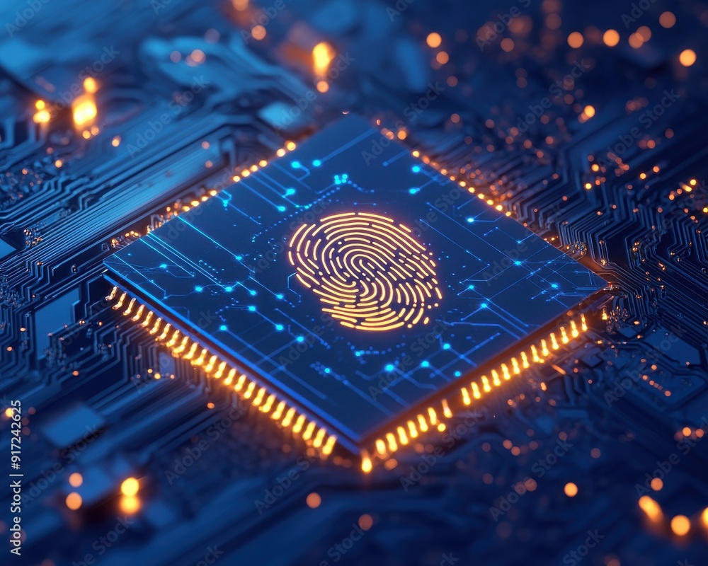 Poster a digital fingerprint integrated with a microchip, symbolizing identity and technology in a futurist
