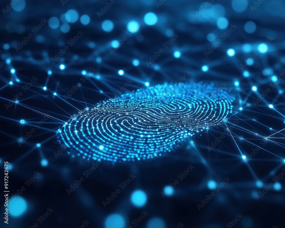Poster a digital fingerprint surrounded by a network of glowing nodes and connections, symbolizing security