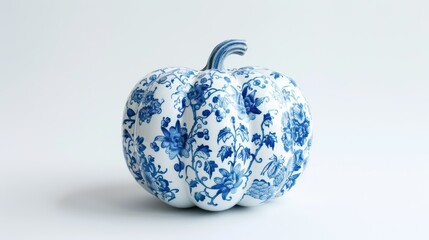 A porcelain pumpkin adorned with sophisticated blue floral designs, merging artistic craftsmanship with festive elegance on a white background.