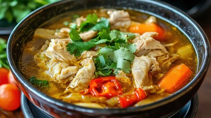 A steaming bowl of hearty chicken soup with vibrant veggies and fresh herbs, invoking comfort and warmth in every spoonful.