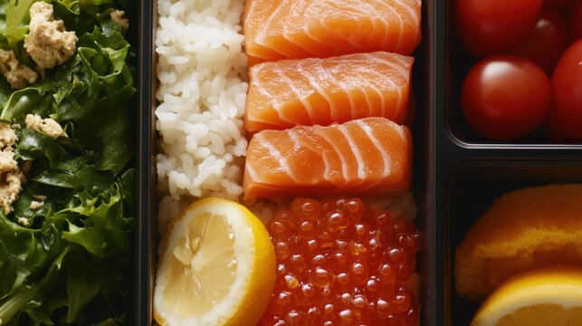 A focused shot of sashimi, rice, tomatoes, and greens in a bento box, emphasizing the fresh, vibrant nature of the ingredients.