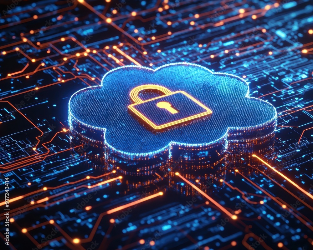 Poster a digital representation of cloud security with a lock symbol on a circuit board, illustrating prote