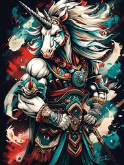 Fototapeta premium A muscular unicorn warrior adorned in ornate armor, blending fantasy and strength in vivid colors.