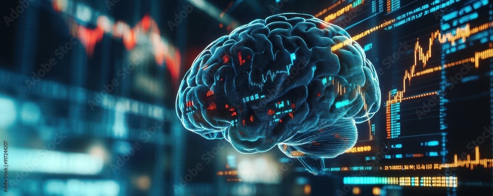 Poster a futuristic digital brain surrounded by data charts, symbolizing technology, intelligence, and data