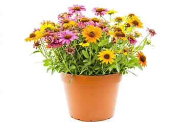 Colorful helenium flowers in the pot isolated on a white background