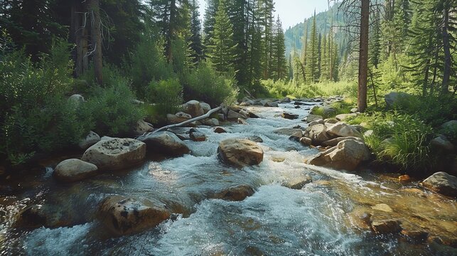 A serene mountain stream with rocks, trees, and crystalclear water