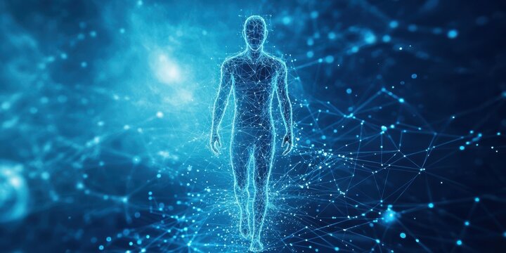 A futuristic representation of a human figure walking through a network of digital connections and cosmic elements.