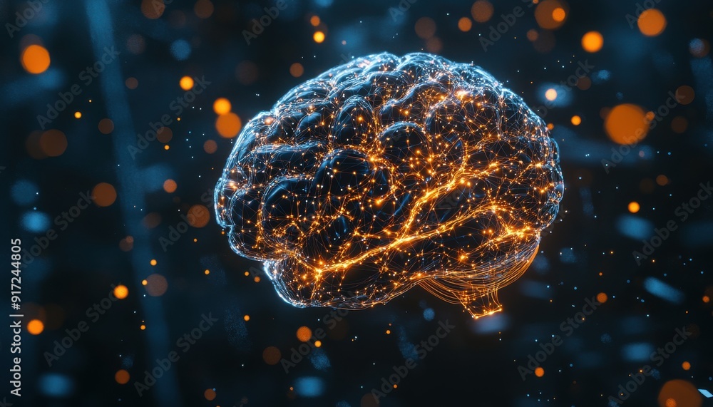 Poster a glowing brain illustration with intricate neural connections, set against a mesmerizing dark backg