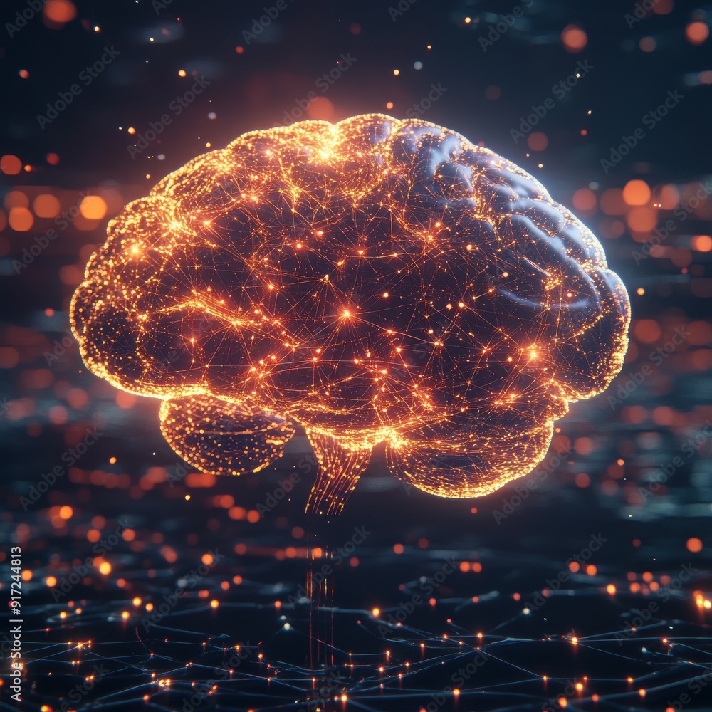 Poster a glowing brain illustration, symbolizing advanced technology and connectivity in neuroscience and a