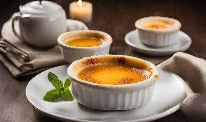 Creme Brulee features a rich custard base with a hardened caramelized sugar topping, known for its luxurious texture and delightful contrast of flavors.
