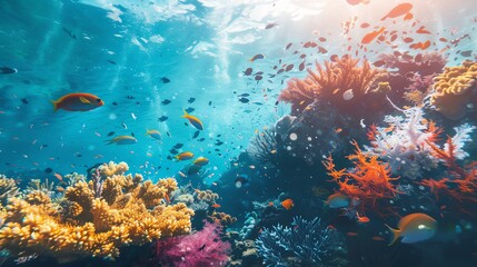 A vibrant coral reef underwater with various fish swimming around